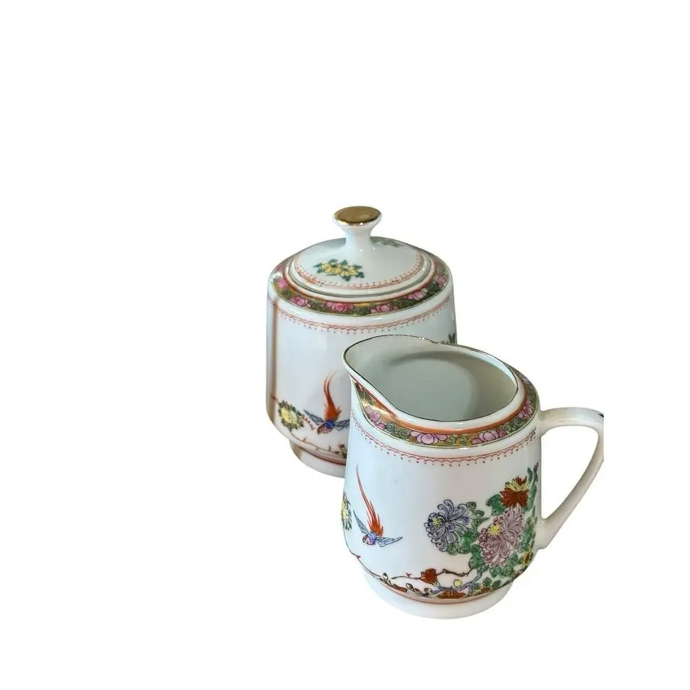 Vintage Chinese Porcelain Painting Tea Set, Hand Painted Birds & Flowers,
